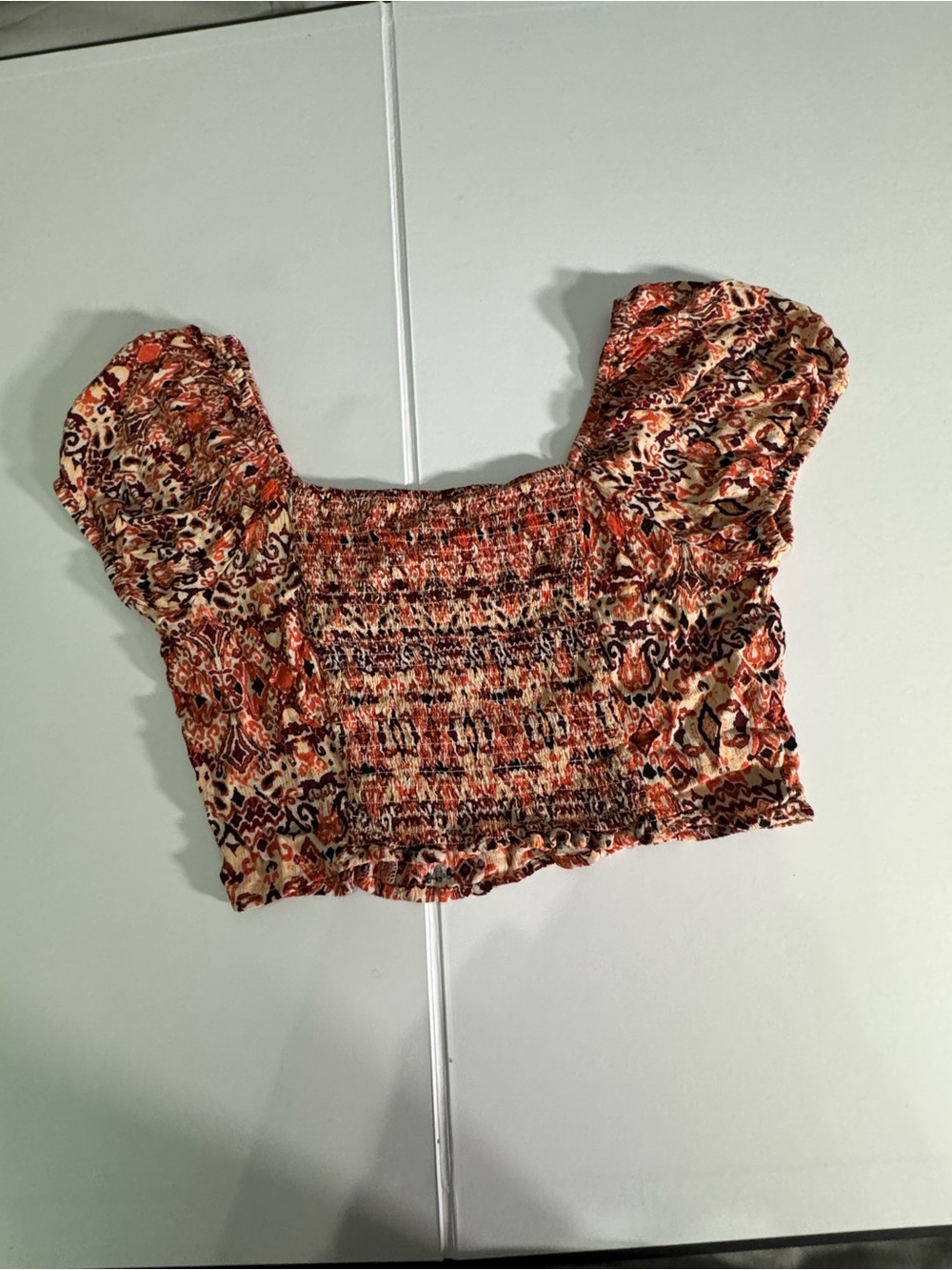 Smocked Puff Sleeve Crop Top in Rust Floral Print